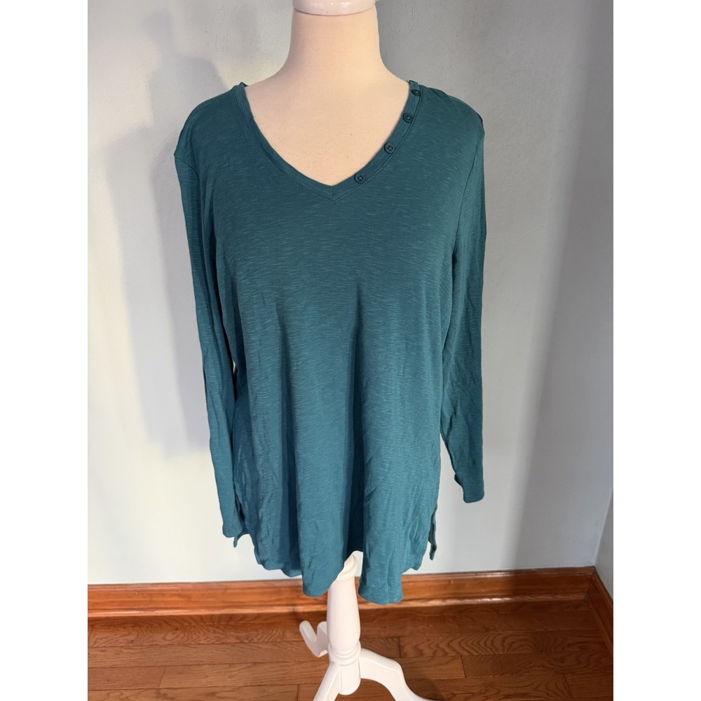 CHICOS Sz 1 (LARGE) Teal Blue Button Detail V-Neck Tee L/S Slub‎ Knit Cotton